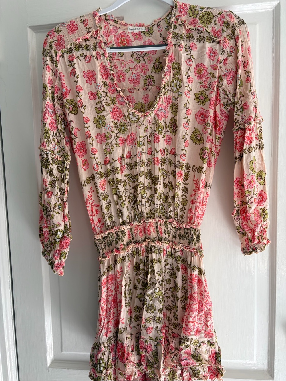 Poupette St. Barth Pink and Green Floral Long Sleeve Dress
